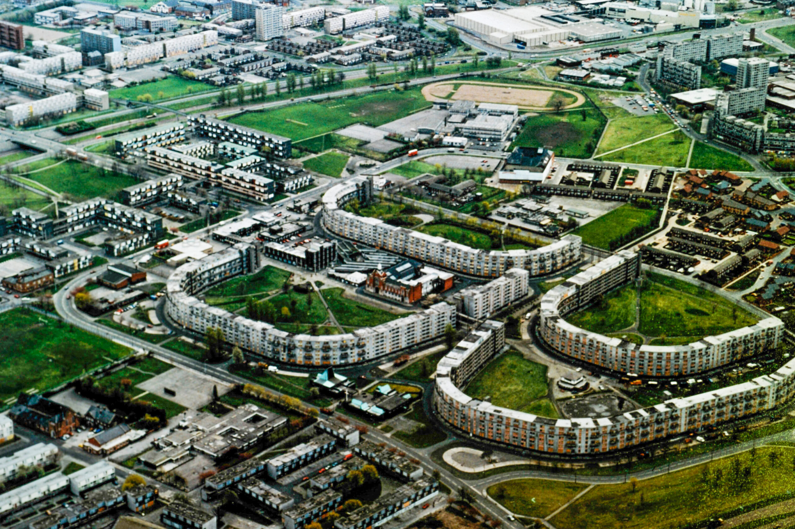 Hulme and Moss Side District Centre from the air